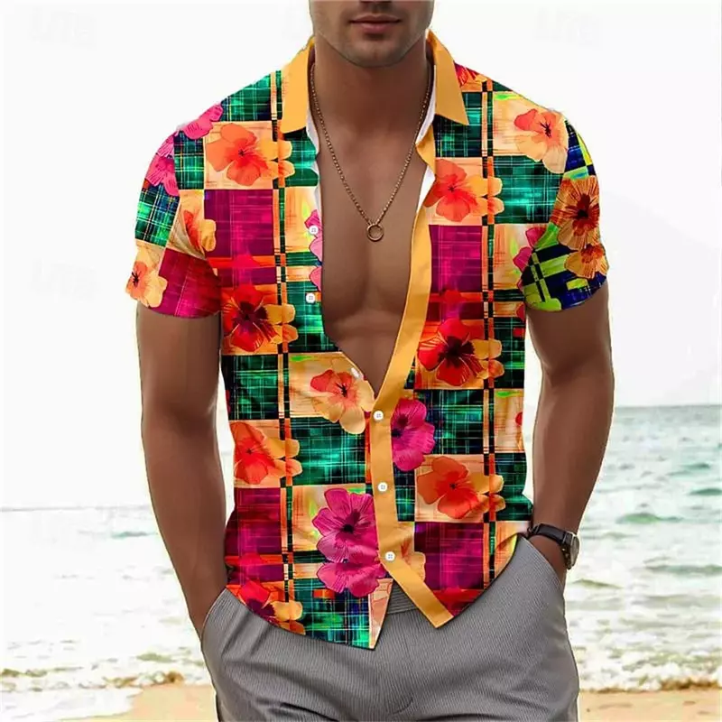 قميص رجالي بياقة بولو مطبوع ثلاثي الأبعاد ، ملابس ترفيهية لشاطئ هاواي ، ملابس مريحة بأكمام قصيرة ، منقوشة بزهور جديدة ، موضة صيفية ، صيحات