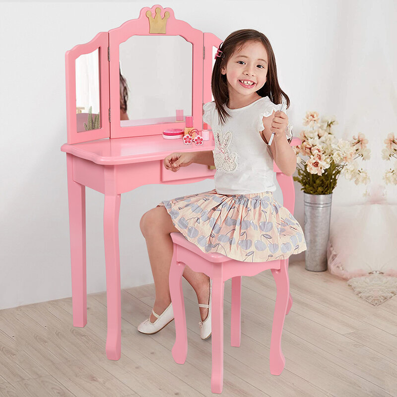 تسريحة خشبية للأطفال ث/ثلاثة جوانب مرآة قابلة للطي منضدة الزينة كرسي واحد درج وردي/أبيض نمط التاج [US-Stock]