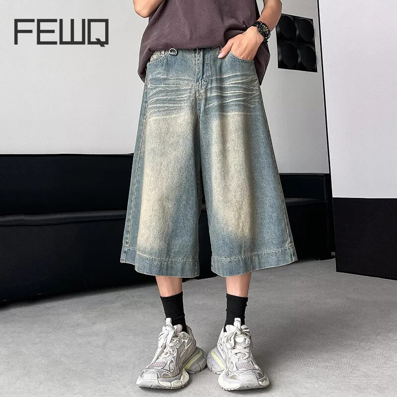 FEWQ-شورت جينز بساق مستقيمة للرجال ، غسول اومري ، شارع مرتفع ، ساق واسعة ، مطوي عتيق ، موضة كورية جديدة ، 24X9124 ، الصيف ،