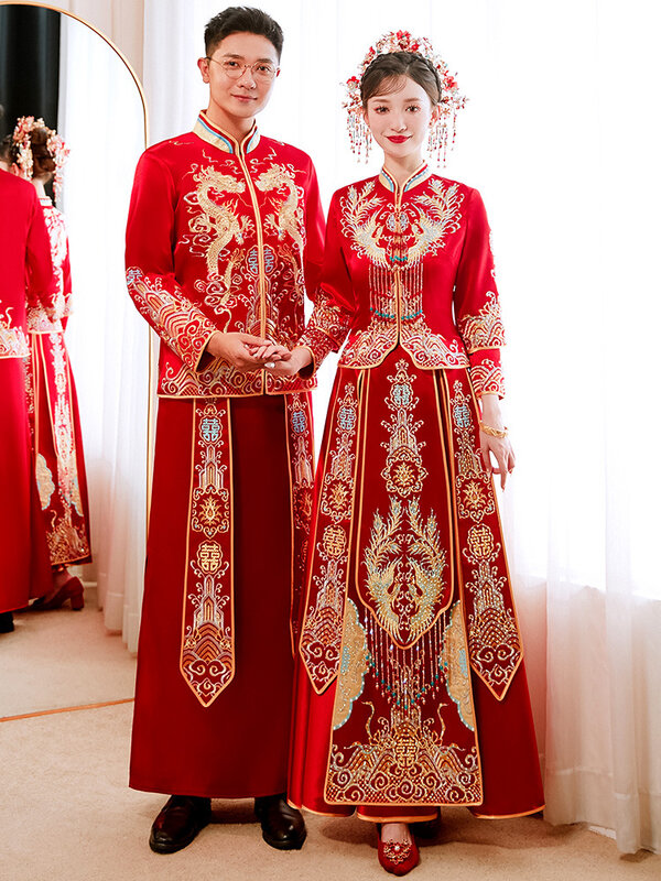 الصينية زوجين فستان الزفاف متواضعة رائعة فينيكس التطريز شيونغسام أنيقة الزواج دعوى تشيباو