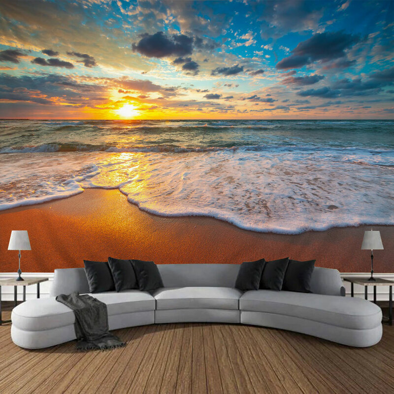 منظر طبيعي شاطئ غروب الشمس نسيج ، جدار كبير معلق ، عنبر نوم جميل ، غرفة نوم داخلية