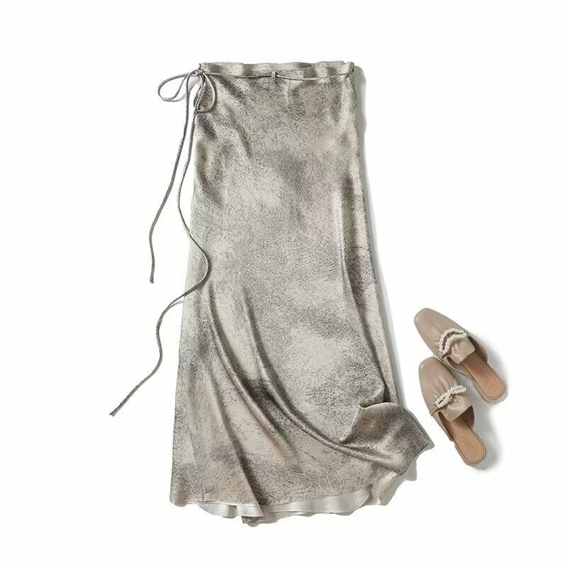 جيني & ديف-تنورة نسائية فرنسية بسيطة مطبوعة ساتان ، تنورة متوسطة الطول ملفوفة حول تنورة ، تنورة بخصر مرتفع ، تنورة فالداس موهير ، مودا ،