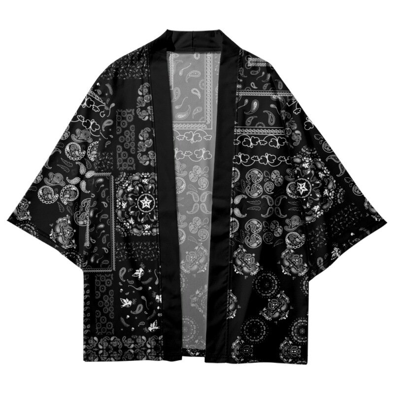 أسود تقليدي الكاجو الزهور طباعة كيمونو 2022 جديد وصول الشارع الشهير الرجال سترة هاوري النمط الياباني ملابس الصيف القمم