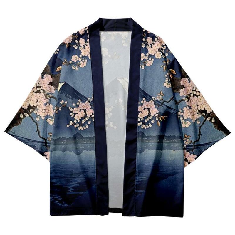 ساكورا جبل فوجي طباعة كيمونو التقليدية اليابانية النساء الرجال الشاطئ سترة يوكاتا تأثيري عادية قمصان الهوري موضة