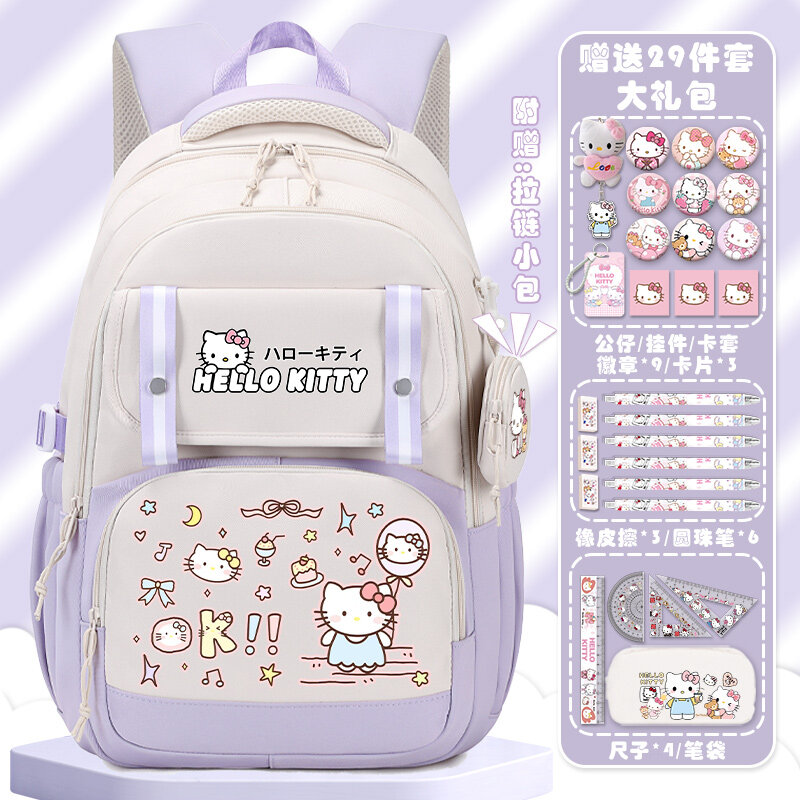 Sanrio Hello Kitty حقيبة مدرسية للطلاب ، سعة كبيرة للحرم الجامعي ، كرتون للأطفال ، حقيبة ظهر واقية للعمود الفقري ، جديدة