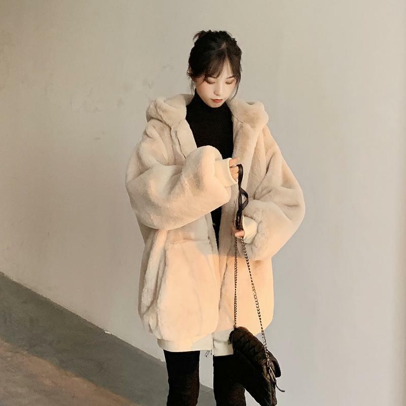 المرأة الكورية فو الأرنب الفراء مقنعين سترة ، الشتاء معطف الفرو وهمية ، حجم كبير ، الدافئة ، سستة ، عادية ، سميكة ، أفخم أبلى ، معطف