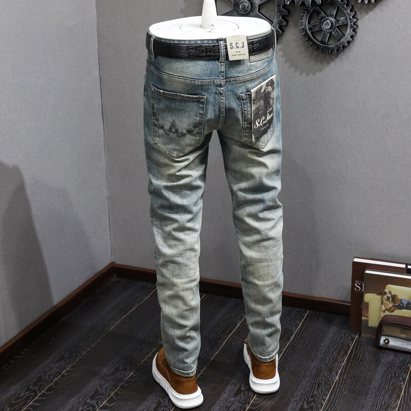 مصمم أزياء الرجال الجينز عالية الجودة ريترو الأزرق تمتد سليم صالح ممزق جينز الرجال السراويل المرنة Vintage جينز غير رسمي