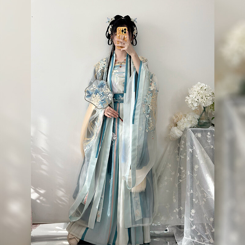 ملابس على الطراز الصيني التقليدي للنساء ، هانفو الوردي والأزرق ، ألوان التطريز والتدرج ، فستان سلالة تانغ الصيفي