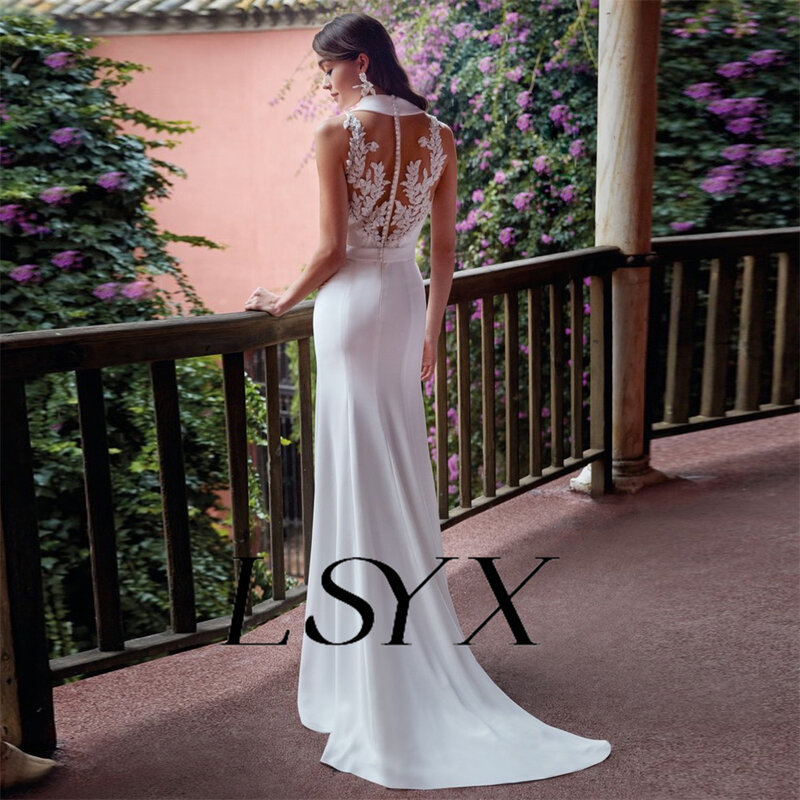 LSYX-فستان زفاف حورية البحر بدون أكمام من الدانتيل ، فستان زفاف عميق على شكل حرف v ، فستان ذو فتحة عالية ، زر خلفي ، طول الأرض ، مصنوع حسب الطلب ، وهم