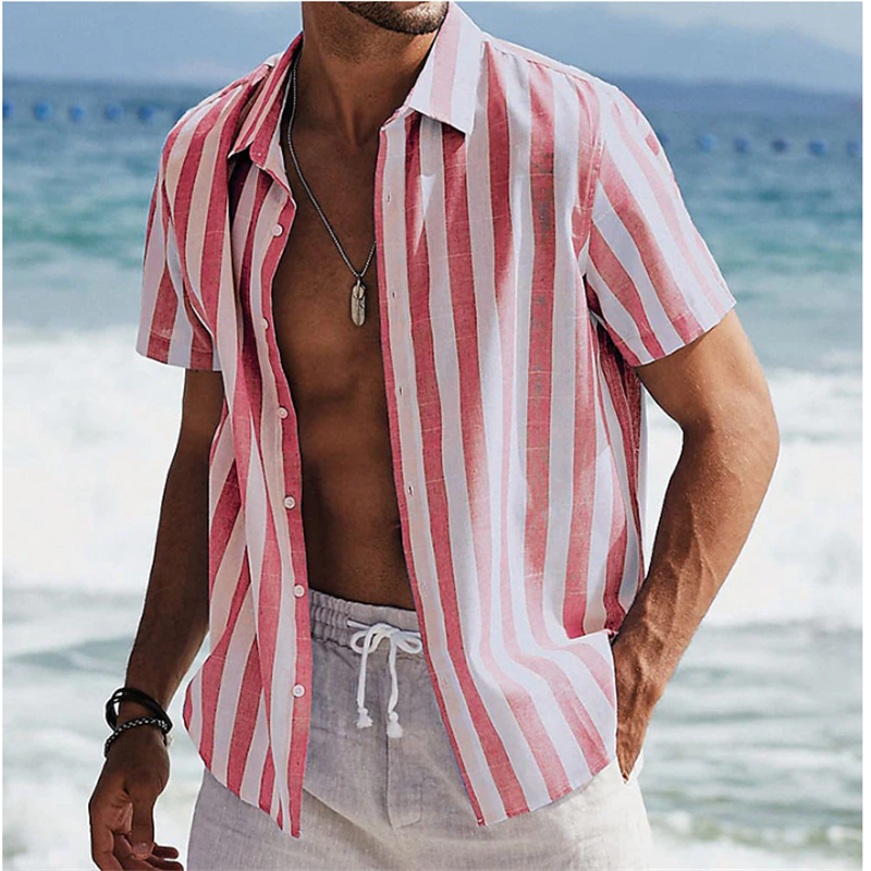 قميص شاطئ رجالي بأكمام قصيرة ، طية صدر مخططة ، ملابس مطبوعة لمنتجع الشارع ، هاواي غير رسمي ، أزياء الصيف ، 9 أنماط ، 5XL