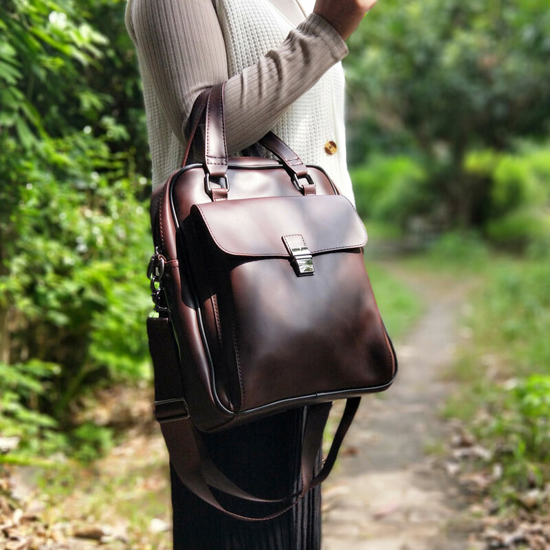 كريزي هورس بولي Leather حقيبة جلدية Vintage للنساء ، حقيبة يد أدبية عمودية ، OL حقيبة الأعمال الموضة ، واللباس