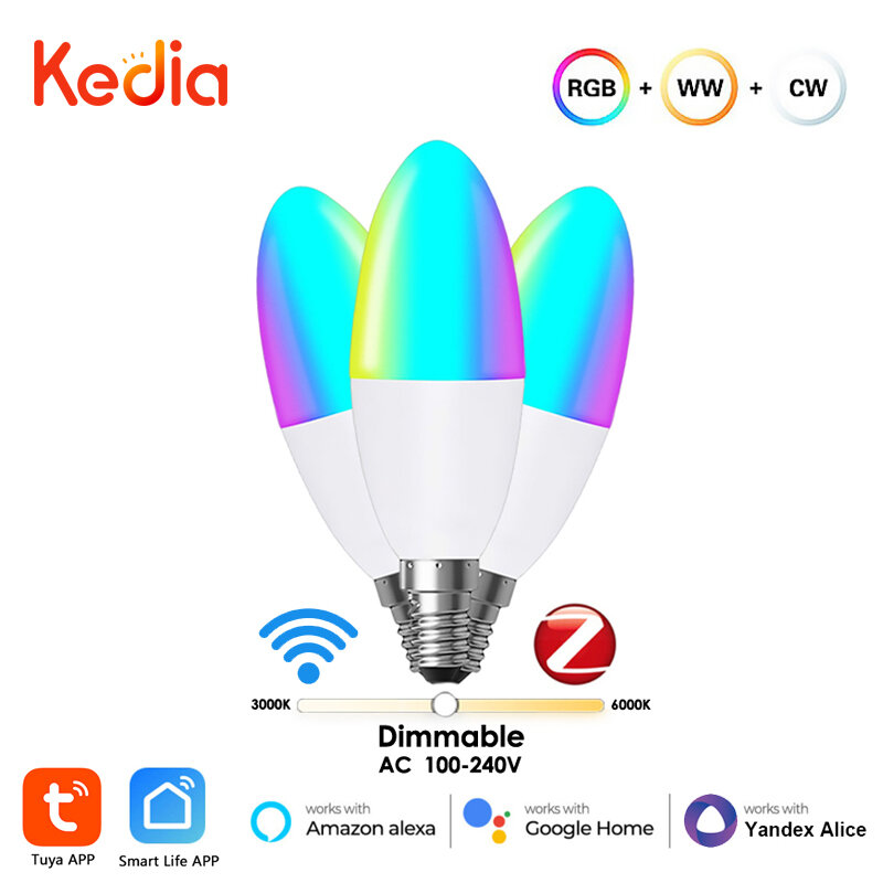 Kedia Tuya E14 الذكية زيجبي واي فاي شمعة ضوء لمبة مصابيح كهربائية أوروبية RGB LED WW مصباح عبر الحياة الذكية اليكسا جوجل المنزل أليس