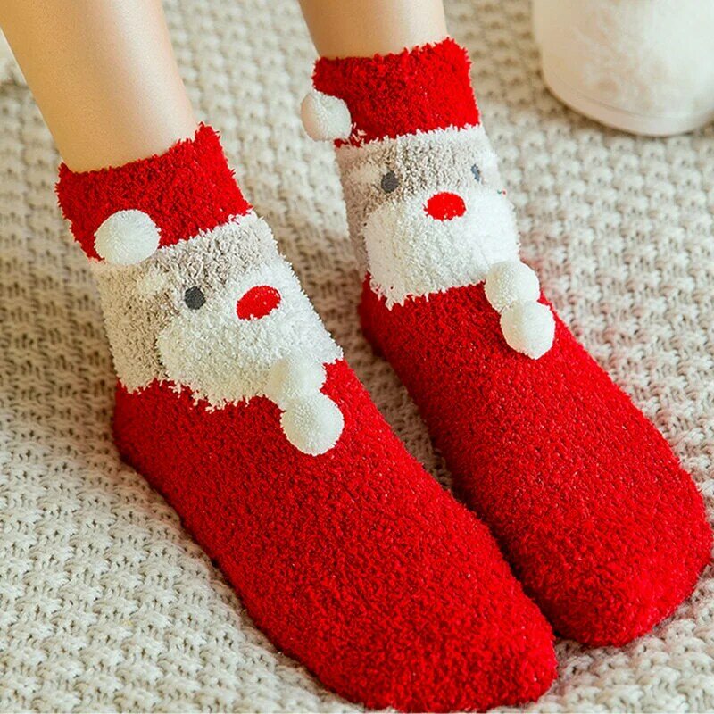 1 Pair Coral Fleece Winter Autumn Woman Girls Thicken Warm Socks Christmas Tree Snowflake Elk Santa Claus Christmas Floor Sock #4