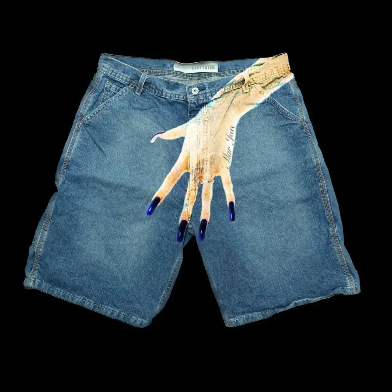جينز بطباعة مخصصة لأصبع اليد وللجانبين ، شارع امريكان ، هيب هوب ، هاراجوكو ، مقاس كبير ، ريترو ، دينم فضفاض ، شورت