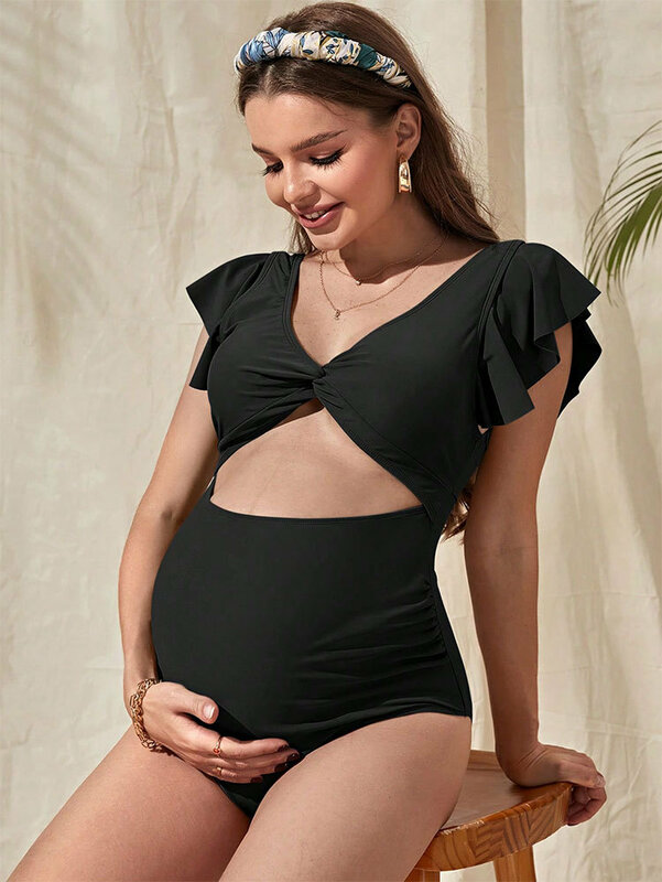 بيكيني قصير الأكمام للنساء الحوامل ، مايوه أحادي اللون ، يغطي البطن ، عطلة على الشاطئ ، فضفاض ، 1 من من من من