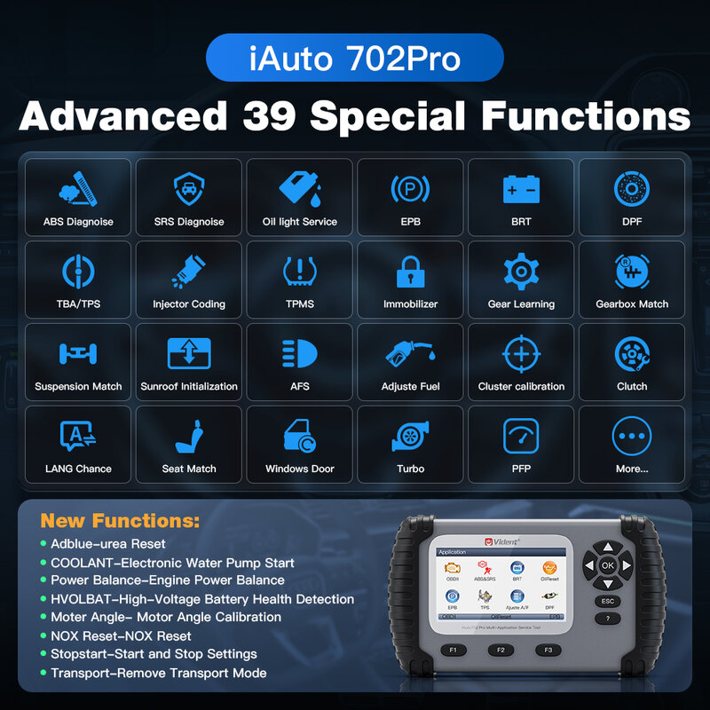 IAuto702 برو ABS SRS أداة تشخيص السيارات ، 37 وظيفة خاصة ، ECU الترميز ، اختبار نشط ، OBD2 الماسح الضوئي ، تحديث مجاني