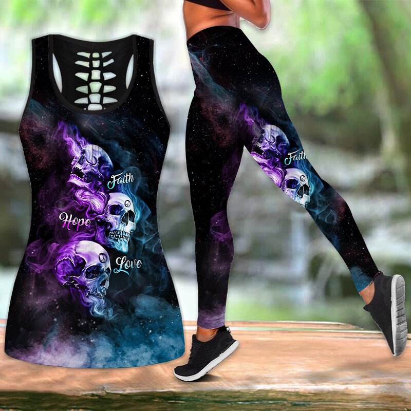 Women's Fashion 3D Skull Gothic Tank Top Yoga Leggings + Combo Hollow Out Tank Top Summer Sleeveless Graphic Shirt XS-8XL