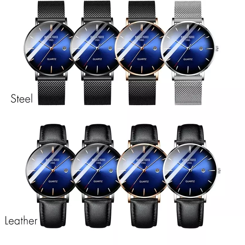 BELUSHI-ساعة كوارتز فاخرة شبكية من الفولاذ النحيف للرجال ، ساعة معصم تناظرية مقاومة للماء ، ساعة ذكر ، علامة تجارية مشهورة ، أزياء الأعمال