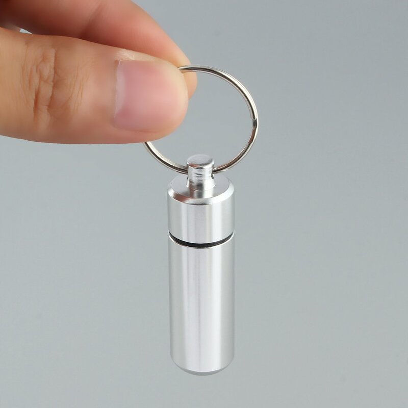 صغيرة محمولة مقاوم للماء الألومنيوم الفضة حبة صندوق ، حافظة زجاجة ذاكرة التخزين المؤقت حامل المخدرات ، حاوية مع مفتاح سلسلة