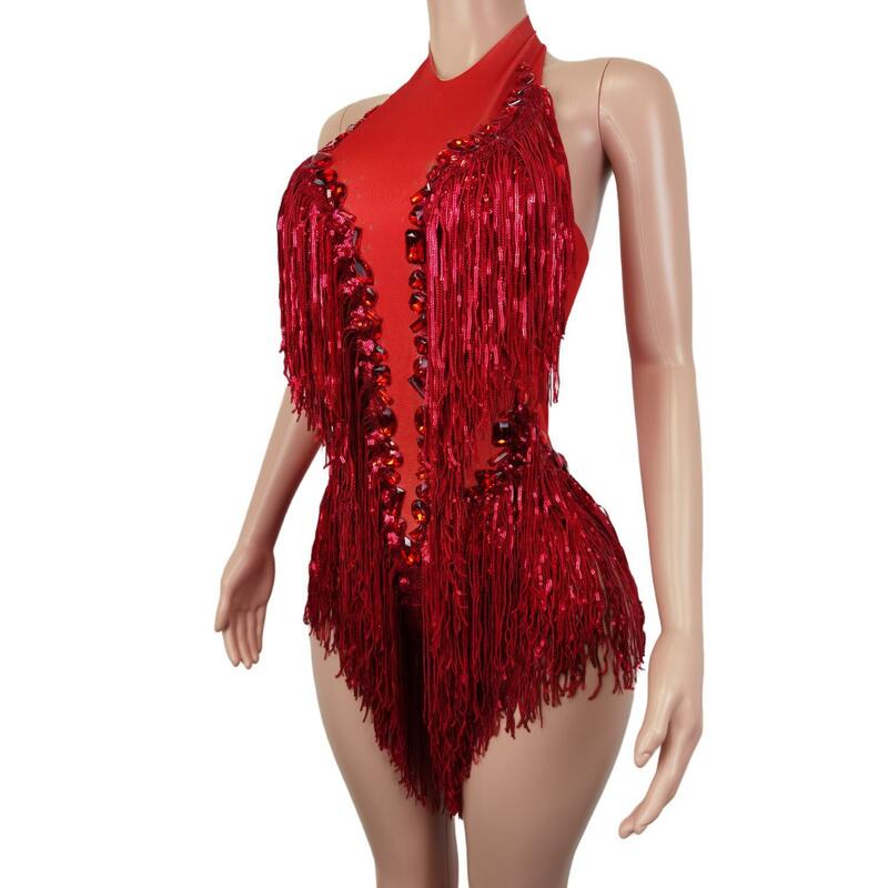 وميض أحمر الترتر هامش الراين شفافة ارتداءها امرأة مساء احتفال عيد زي راقصة يوتار Shuye