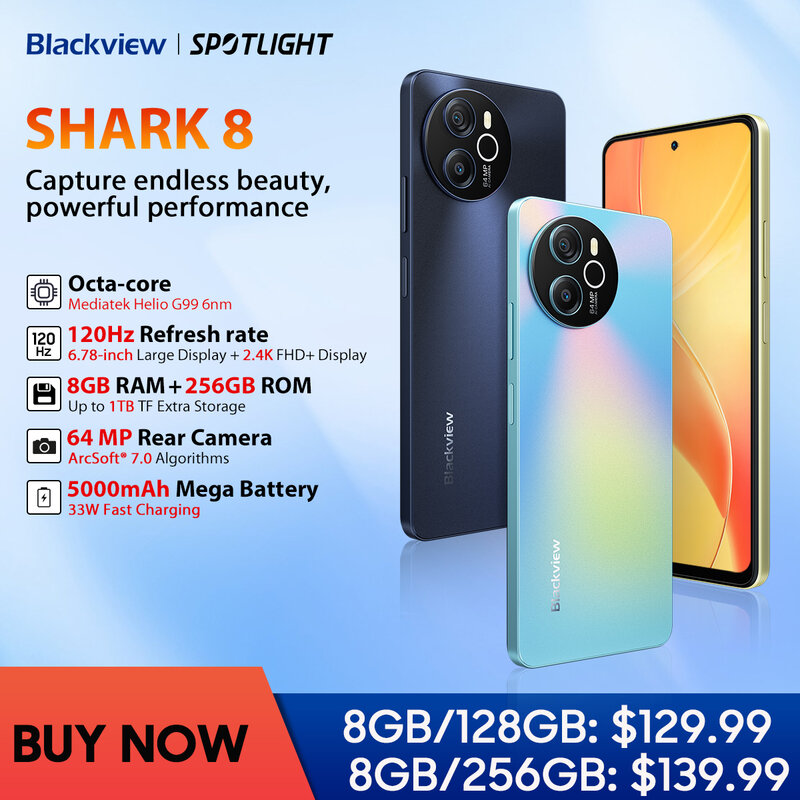 هاتف Blackview Shark 8 الذكي ، أندرويد 13 ، هاتف محمول G99 ، من من من من من نوع GB ، وشاشة Hz ، وشاشة 8GB + 8GB ، وgb ROM ، وكاميرا 64 ميجابكسل