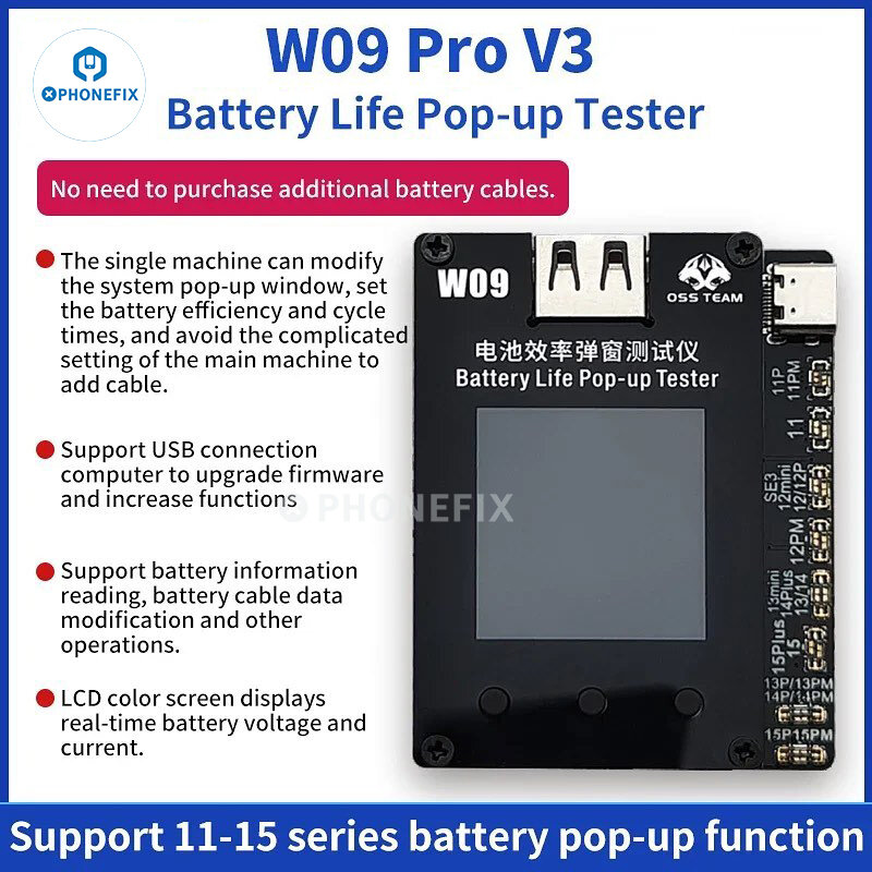 جهاز اختبار منبثق عمر البطارية W09 Pro V3 ، أزل رسالة بطارية مهمة ، استخدم مع iPhone 11 ، 12 ، 13 ، 14 ، 15 Pro Max