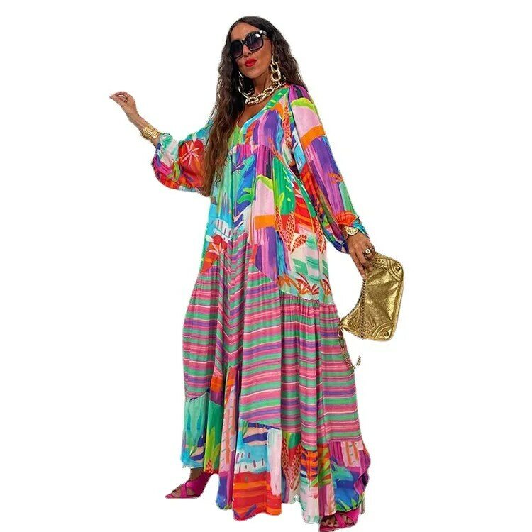 الربيع الصيف المرأة الأفريقية طويلة الأكمام الخامس الرقبة الطباعة فستان طويل فستان ماكسي Dashiki فساتين الأفريقية للنساء XS-3XL