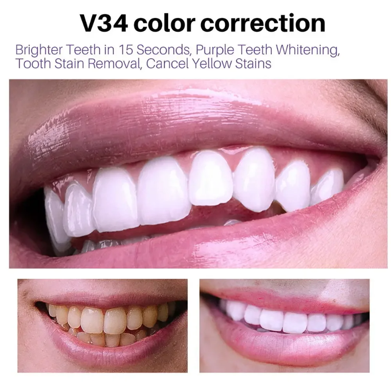 30 مللي جديد V34 الأسنان التطهير موس الأرجواني المعبأة الصحافة معجون الأسنان ينعش التنفس إزالة البقع تقليل اصفرار العناية بالفم
