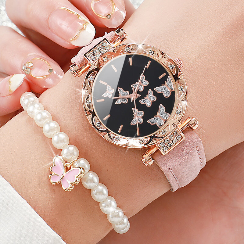 ساعة بسوار جلدي للنساء والفتيات ، مجموعة مجوهرات اللؤلؤ الفراشة ، الموضة ، 6 من كل مجموعة