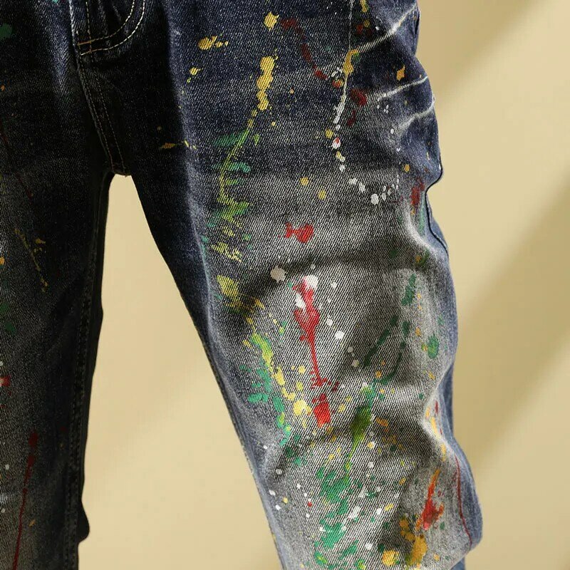 بنطلون جينز للرجال بتصميم عتيق مرن باللون الأزرق بتصميم عتيق وممزق من قماش الدنيم بتصميم هيب هوب