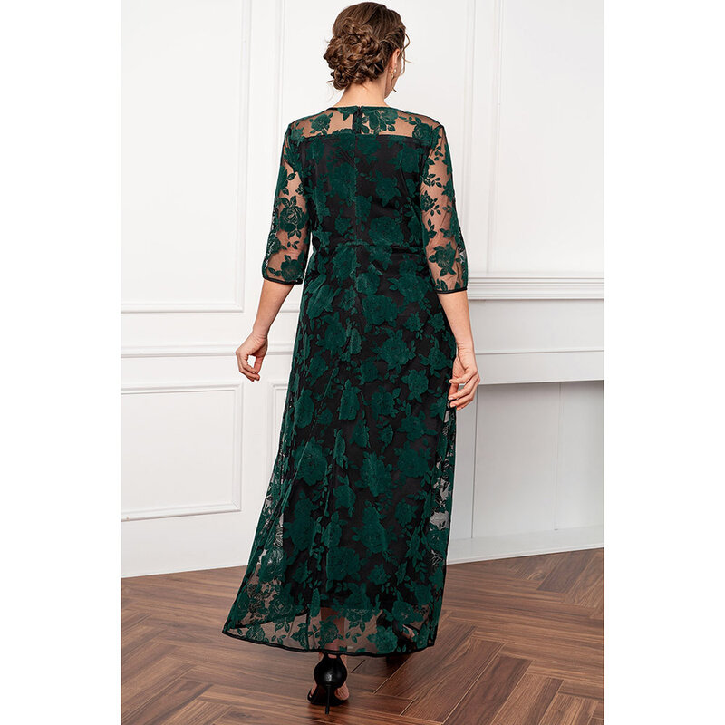 فستان تونيك شبكي يتدفقون لأم العروس ، مقاس كبير ، وردة خضراء ، طبقة مزدوجة ، طويل