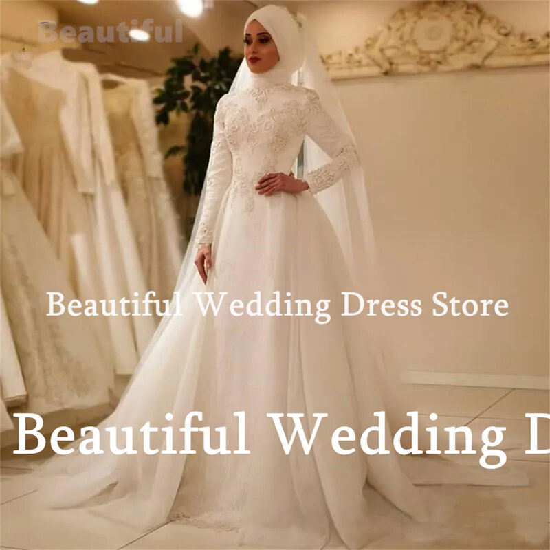 فستان زفاف إسلامي للنساء ، رقبة عالية ، أكمام طويلة ، حبات ، دانتيل ، على شكل حرف A ، طول الكلمة ، عربي ، دبي ، ثوب زفاف ، جديد