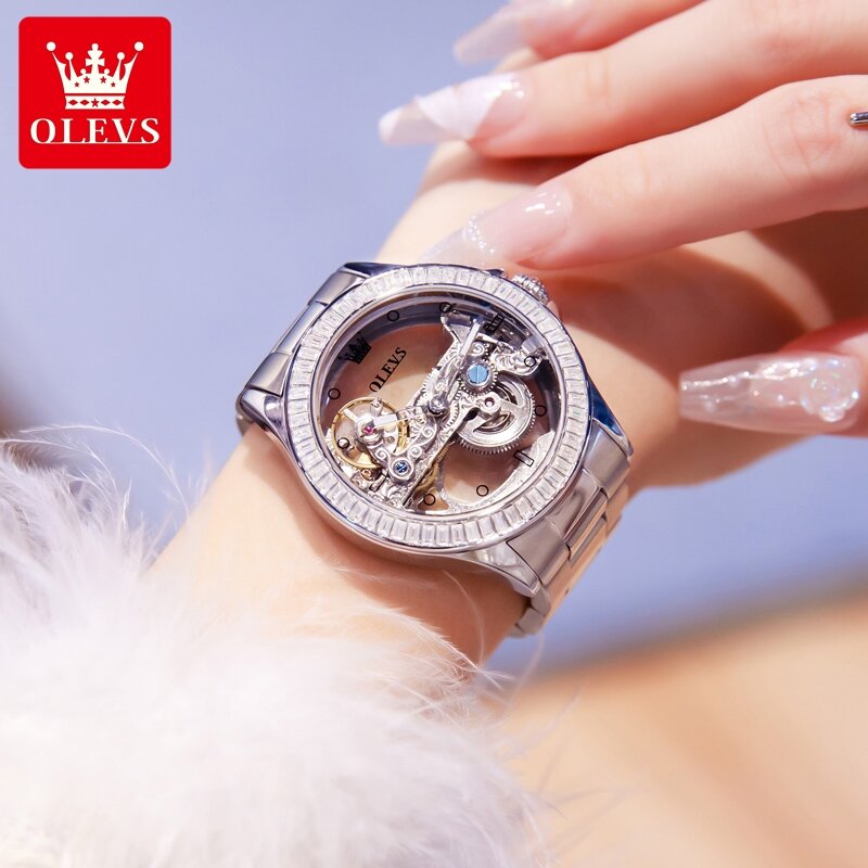 ساعة يد OLEVS-ساعة يد نسائية مجوفة بالكامل ، ميكانيكية أوتوماتيكية ، مضيئة ، مقاومة للماء ، علامة تجارية مشهورة ، موضة