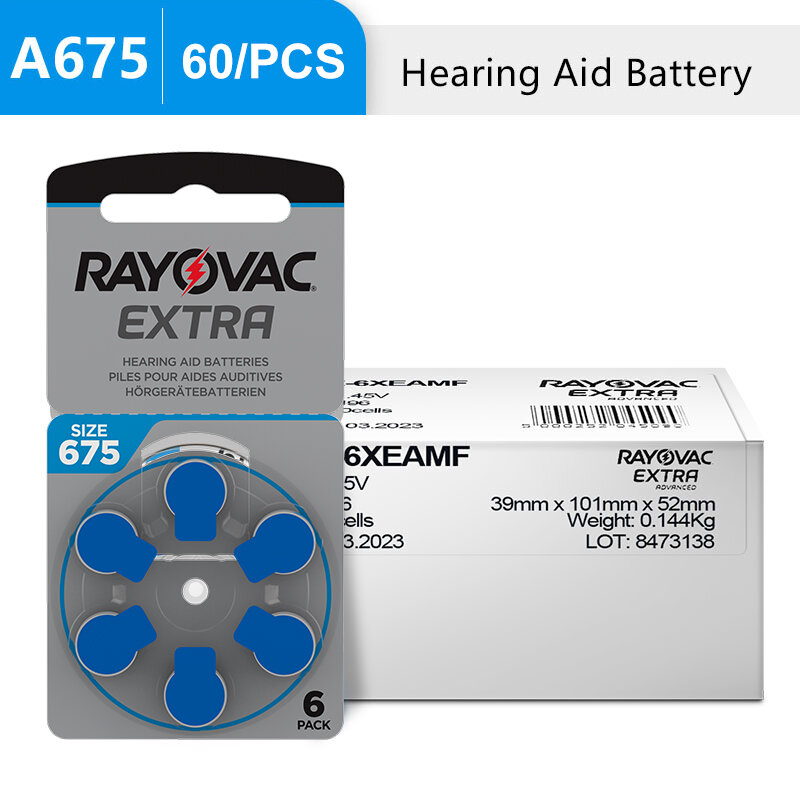 Rayovac اضافية الزنك الهواء السمع البطارية ، السمع ، 675A ، 675 ، A675 ، PR44 ، مضخم الصوت ، شحن مجاني ، 60 قطعة
