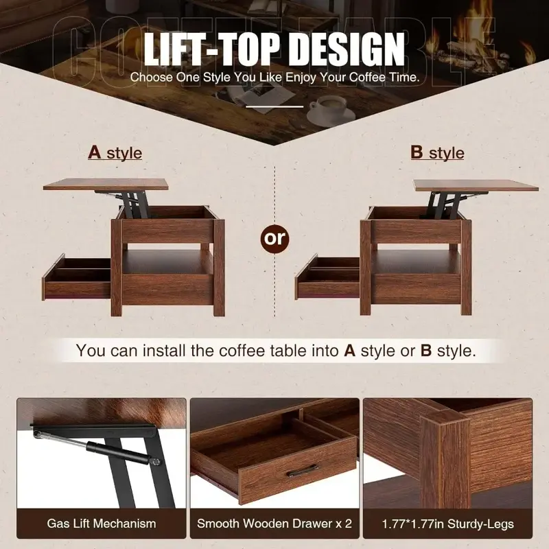 طاولة قهوة علوية مع أدراج ، مقصورة مخفية ، طاولة مركزية عتيقة مع طاولة رفع خشبية