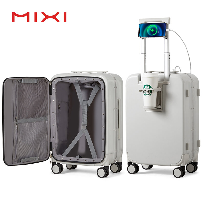 حقيبة إطار Mixi-aluminium ، أمتعة دوارة مع منفذ USB ، كابينة الصعود ، حامل الأكواب والهاتف ، 20 24 بوصة ، جديد