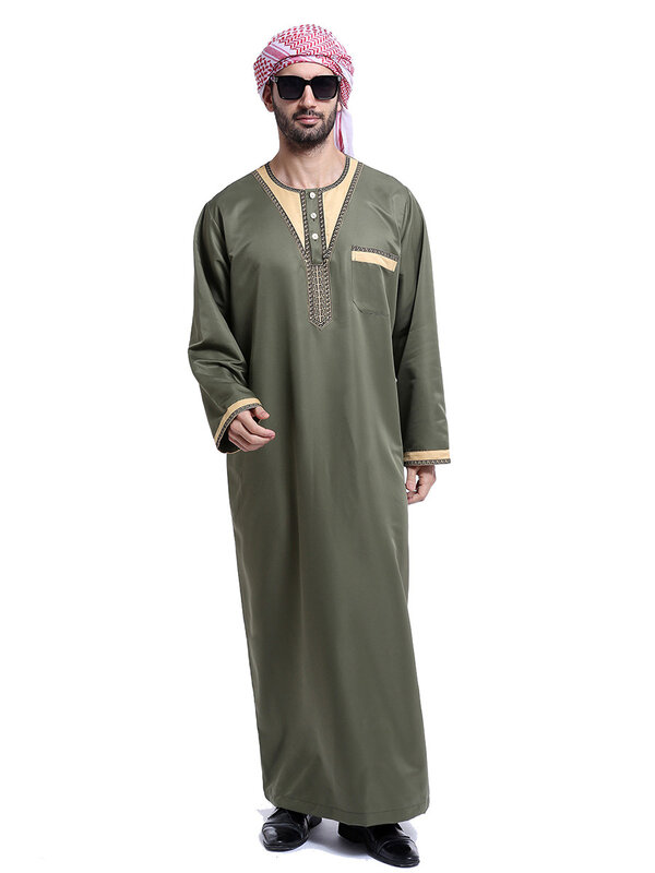 ثوب رجالي بأكمام طويلة ، ملابس إسلامية ، ثوب الشرق الأوسط ، قفطان عربي ، لون واحد ، رقبة مستديرة ، عباية ، زي رجالي