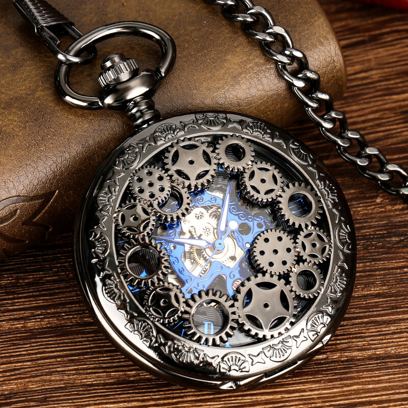 الرجال الأرقام الرومانية دليل ساعة الجيب الميكانيكية ، التروس السوداء ، تصميم جوفاء ، سلسلة قلادة ، الأزرق الملكي ، ساعة خمر