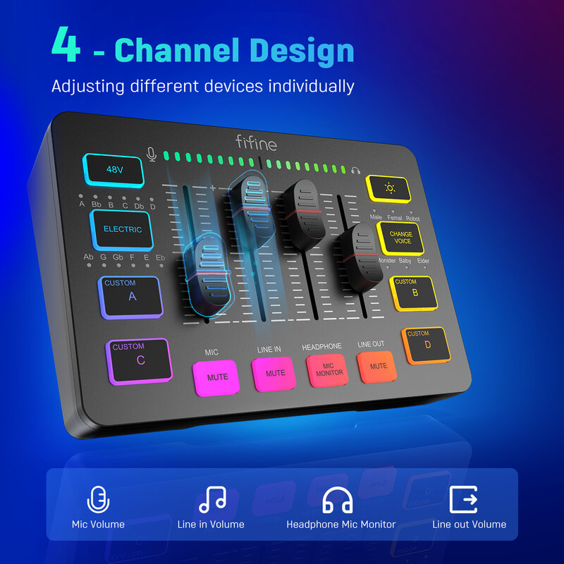 فيفين-خلاط صوت للألعاب ، تدفق ، 4 قنوات ، خلاط RGB مع واجهة ميكروفون XLR ، صوت اللعبة ، بودكاست ، مكبر للصوت ، SC3