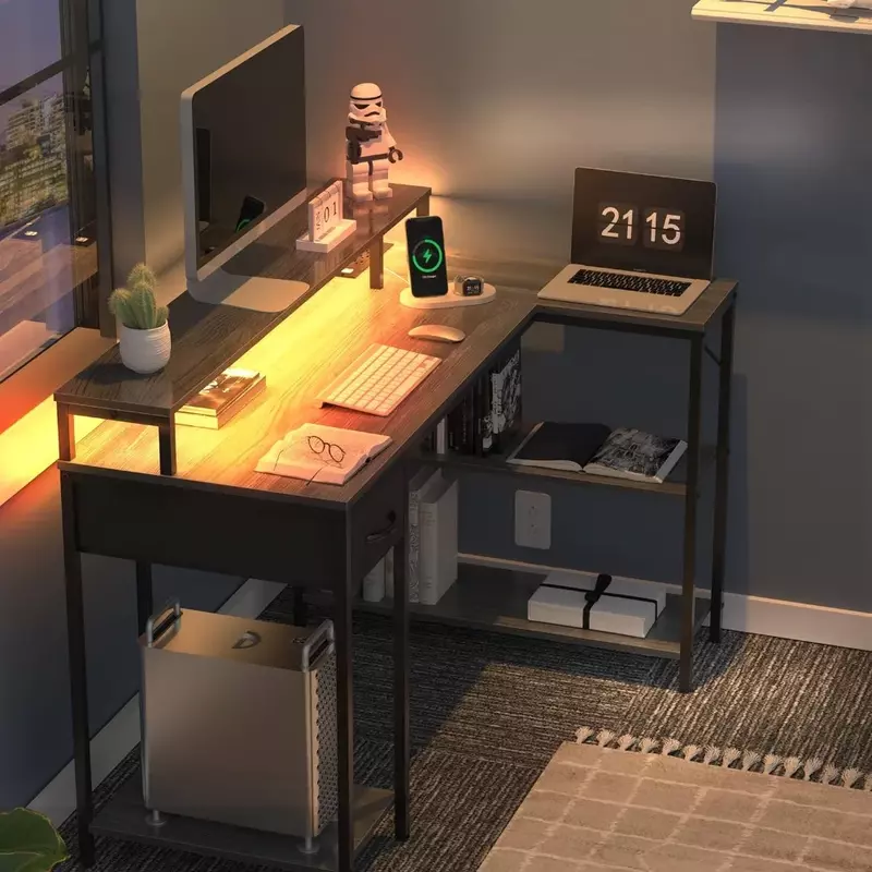 مكتب ألعاب على شكل حرف L مع مصابيح LED ومنافذ طاقة ، مكتب كمبيوتر قابل للعكس مع أرفف ودرج ، مكتب زاوية للمنزل
