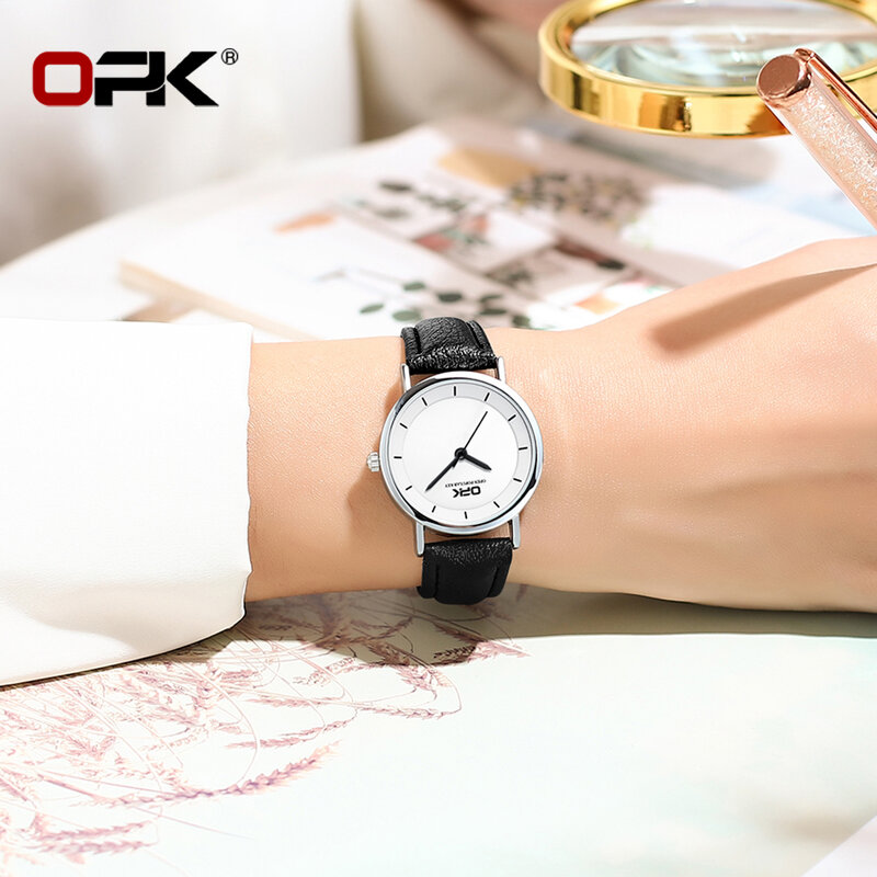 ساعة يد أنيقة بسوار جلدي من Opk للنساء ، ساعة نسائية مقاومة للماء ، فستان ماركة ، ساعة كوارتز أصلية ، بساطة ،