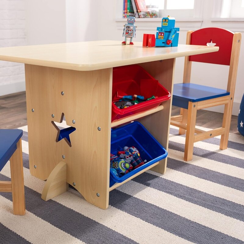 طاولة خشبية نجمية وكرسي مع 4 صناديق تخزين ، أثاث الأطفال ، أحمر ، أزرق ، طبيعي