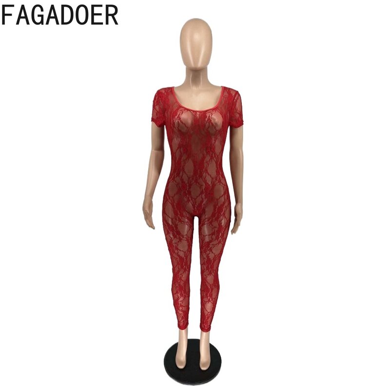 FAGADOER-أفرول نسائي بمنظار من الدانتيل بدون ظهر ، ملاصق للجسم ، رقبة مستديرة ، أكمام طويلة ، بذلات رياضية ضيقة ، بدلات عمل مثيرة للملهى الليلي ، موضة