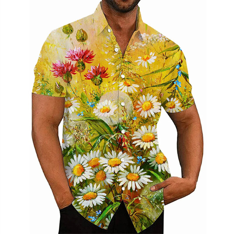 قمصان رجالية بطباعة زهور ثلاثية الأبعاد من هاراجاو ، زهور ملونة ، قمصان قصيرة برسومات ، أزياء الشارع الشهير ، بلوزات ملابس ، صيف ، جديد