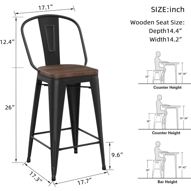 يونغتشيانغ-مقاعد بار معدنية عالية الظهر ، كراسي مطبخ ارتفاع منضدة ، كراسي بارستول صناعية غير لامعة ، مقعد خشبي ، مجموعة من 4 ، 26"