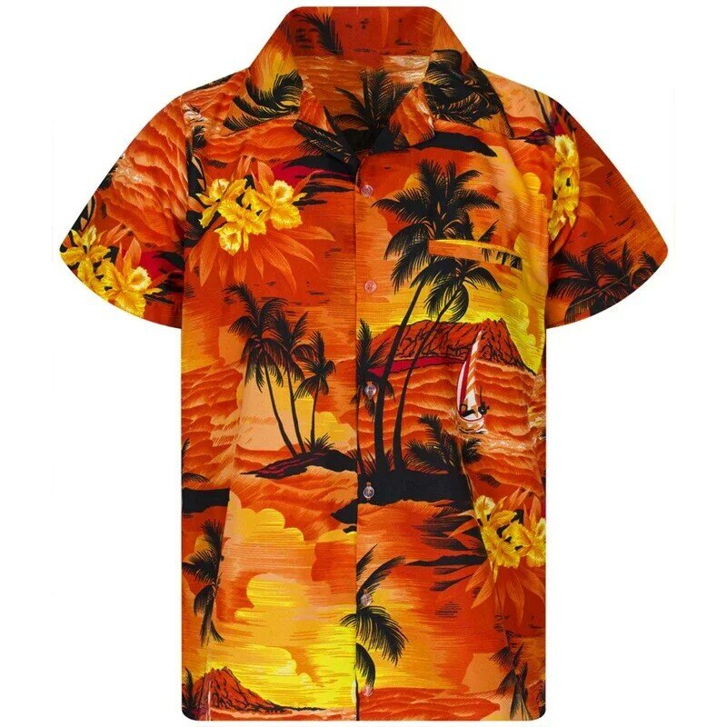 قميص رجالي مطبوع بطية صدر ، بأكمام قصيرة ، أسلوب هاواي البسيط ، عطلة يومية ، جيد التهوية ، كاجوال ومريح ، جديد ، صيف