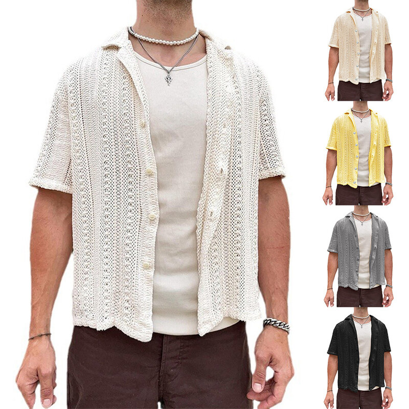 قمصان رجالية منسوجة بأكمام قصيرة ، كارديجان مجوف ، قميص رجالي أحادي اللون ، توبات شاطئ غير رسمية ، عصرية ، صيفية