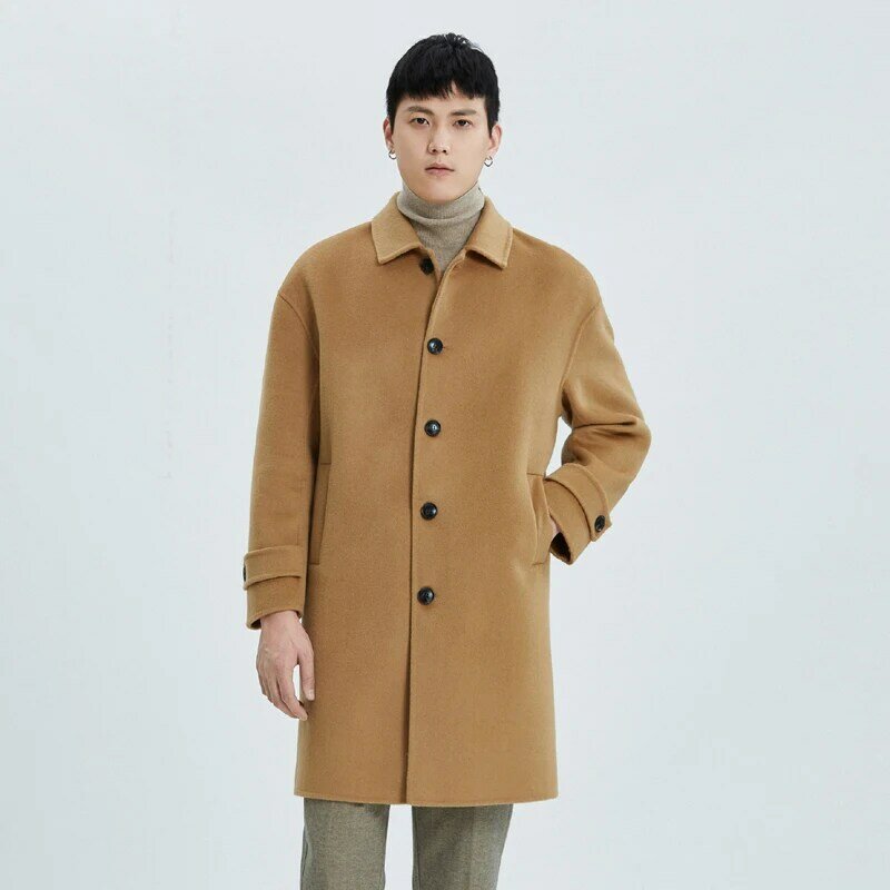 Jueqi-معطف رجالي من الكشمير على الطراز الكوري ، متوسط الطول ، معطف صوف مزدوج الوجه ، 100% من الصوف الخالص ، معطف بلون الجمل ، MR-3024