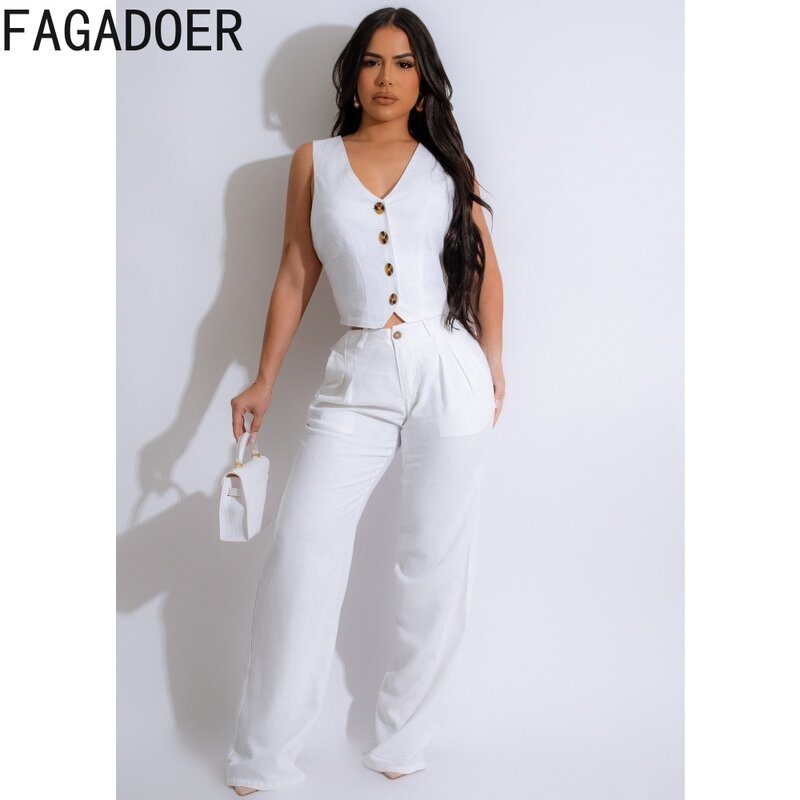Fanadoer-طقم أنيق من قطعتين للنساء ، ملابس بلون واحد ، بنطال بساق واسعة ، رقبة على شكل حرف v ، بدون أكمام ، أعلى الأزرار والسراويل ،