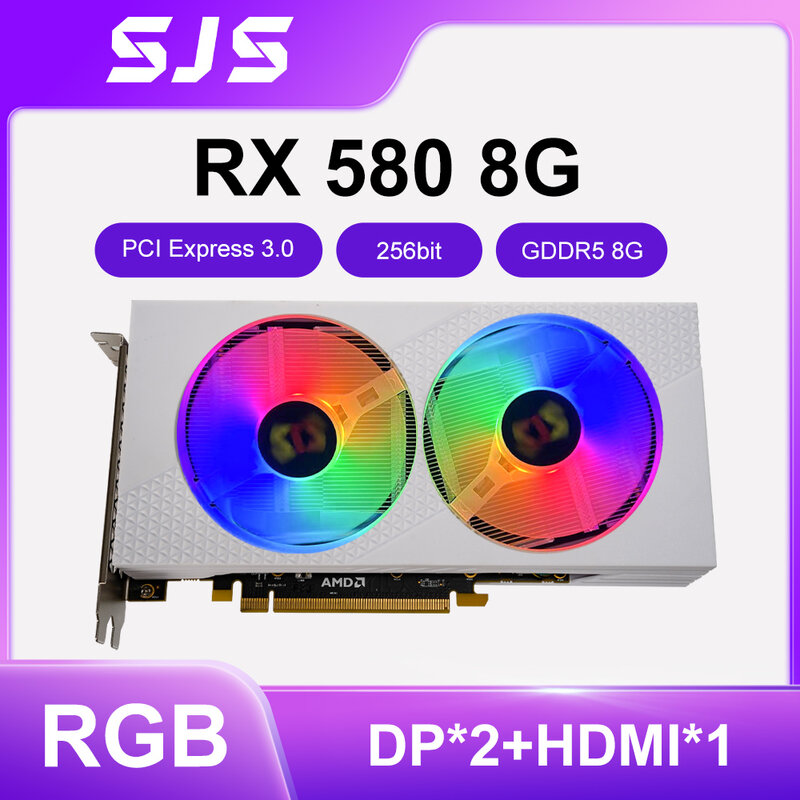 SJS RX 580 8G 256Bit 2048SP GDDR5 AMD GPU بطاقات الرسومات RX580 بطاقة الفيديو الأبيض Radeon 8GB التعدين بطاقة الألعاب بلاسا دي فيديو
